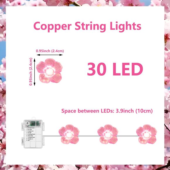 Cherry Blossom String Lights 30 LED Pink Flower Garland Fairy Lights Battery - Picture 8 of 9